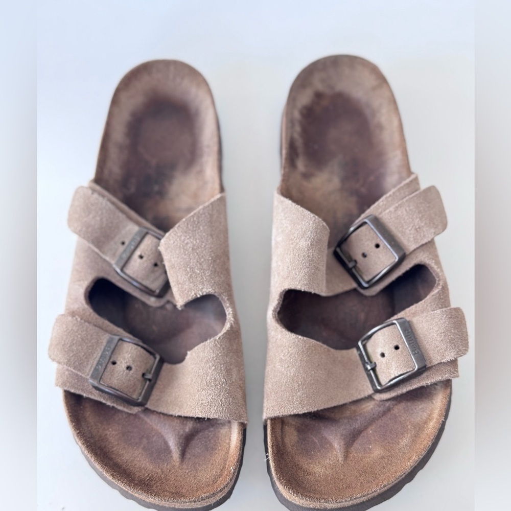 Betula by Birkenstock Arizona Light Brown Suede Double Buckle Sandals Shoes 38